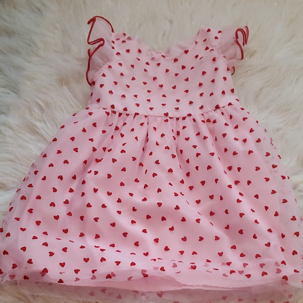Girls Pink & Red Heart Print Party Dress